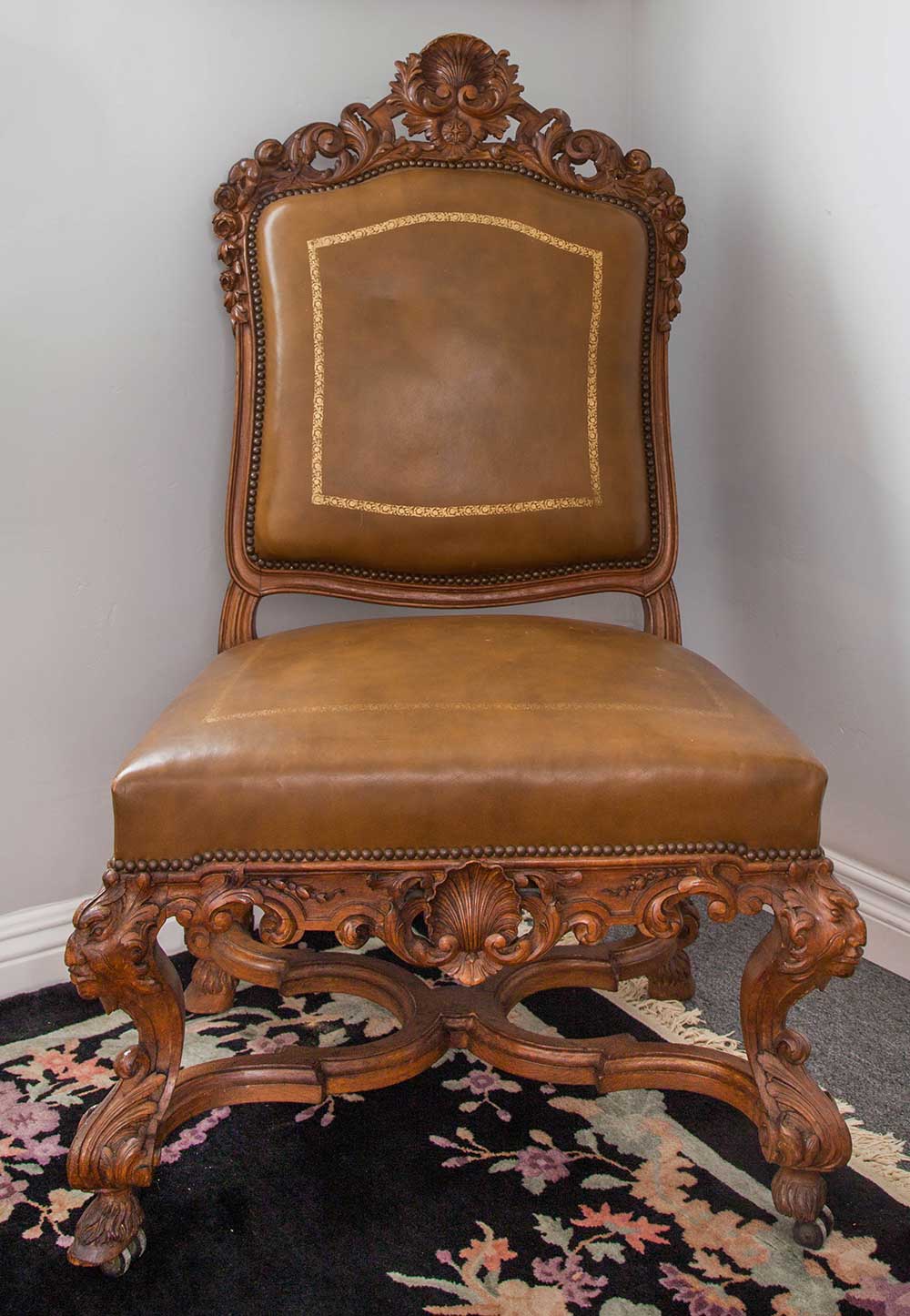Carved Leather Upholstered Wooden Side Chair