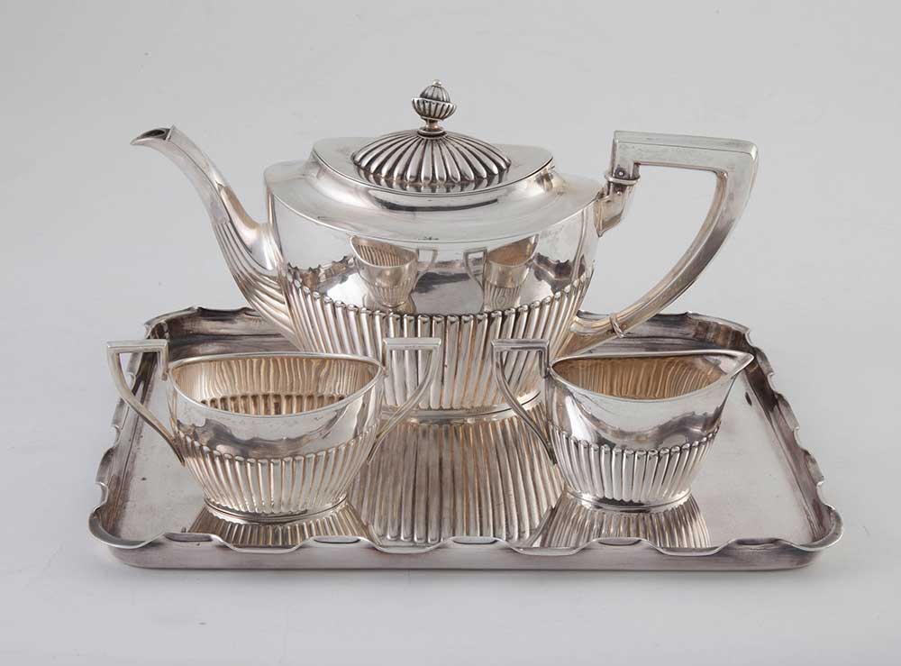 .800 Three (3) Piece Tea Set with Silver Plated Tray
