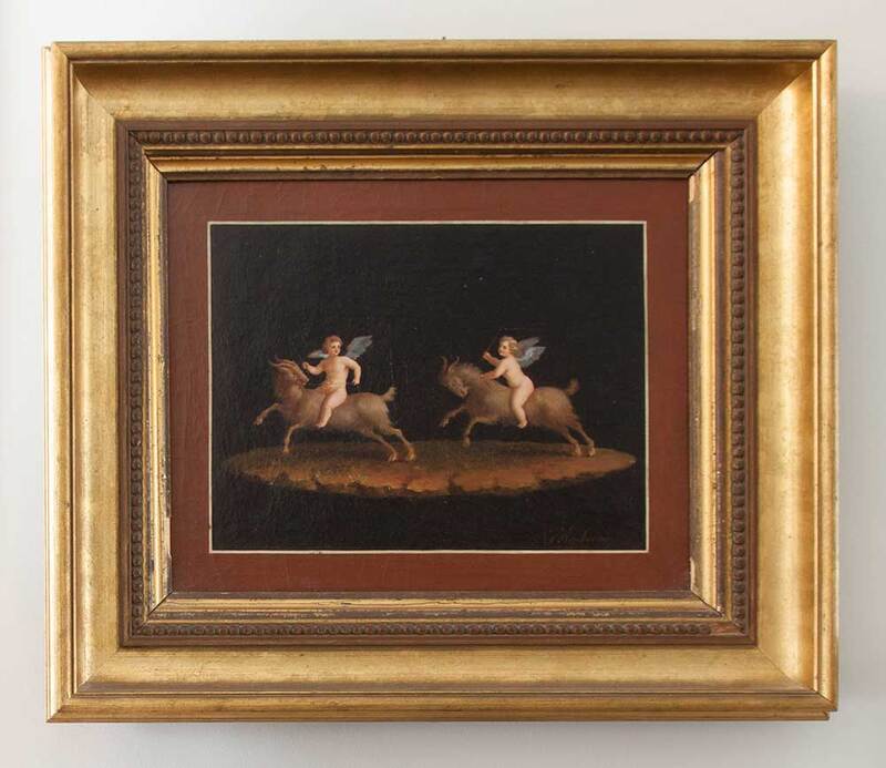 Oil Painting of Two Cherubs Riding Goats